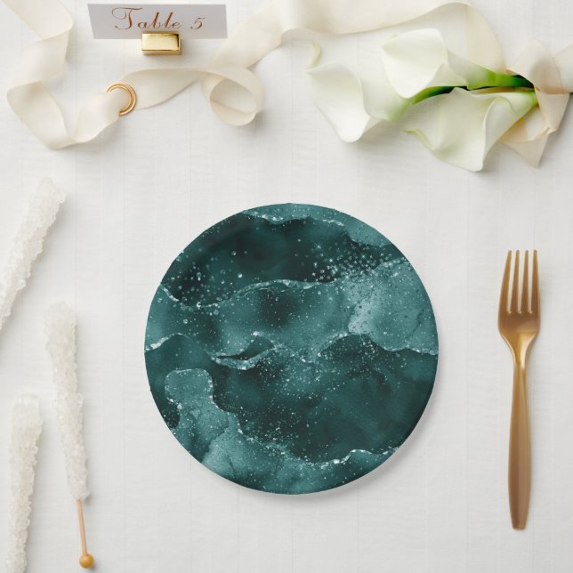 Assiettes En Carton Moody Agate | Turquoise Vert Malachite Riche Joyau (Mariage)