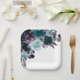 Assiettes En Carton Moody Boho   Bouquet floral Turquoise et turquoise