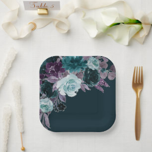Assiettes En Carton Moody Boho   Bouquet Turquoise profond et pourpre 