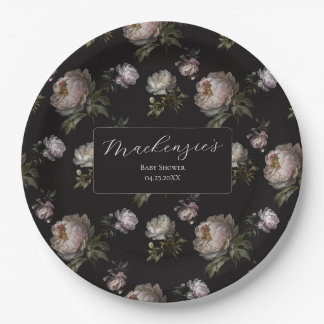 Assiettes En Carton Moody Dark Peony Floral Baby Shower 