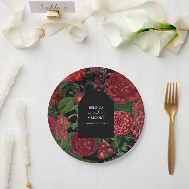 Assiettes En Carton Moody Florals Arc Noir Bourgogne Rouge Mariage (Mariage)