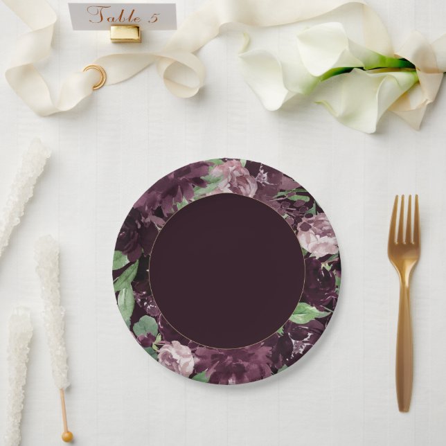 Assiettes En Carton Moody Passion | Vin violet Dramatique Rose Wreath (Mariage)