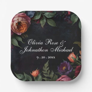 Assiettes En Carton Moody vintage boho floral foncé roses
