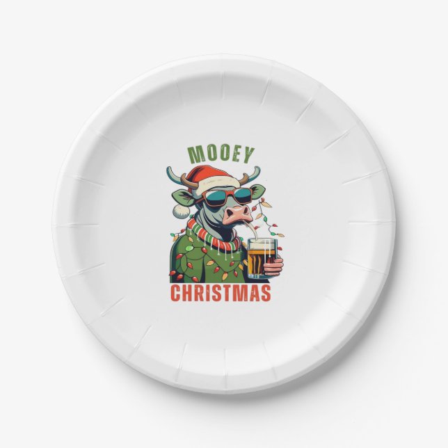 Assiettes En Carton Mooey Noël Highland Cow Light Santa Hat T-Shi (Devant)