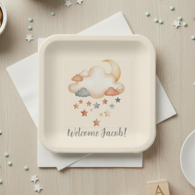 Assiettes En Carton Moon and Stars Celestial Baby Shower Theme (Personalized baby shower paper plate)