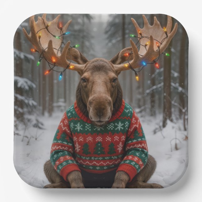 Assiettes En Carton Moose Wearing Ugly Christmas Sweater (Recto)