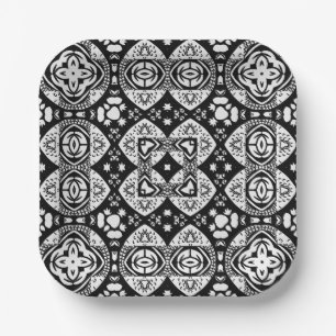 Assiettes En Carton Mosaïque arabesque Motif Carrelage noir et blanc