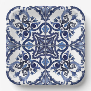 Assiettes En Carton Mosaïque de majolique sicilienne bleue et blanche 
