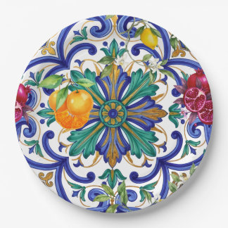 Assiettes En Carton Mosaïque méditerranéenne fruit citron 