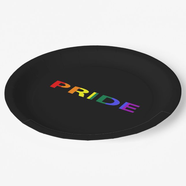 Assiettes En Carton Mot Pride couleur arc-en-ciel (Angle)