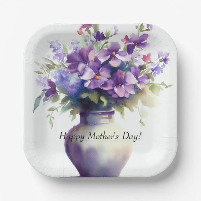 Assiettes En Carton Mother's Day Purple Pansy Flowers Paper Plate (Recto)