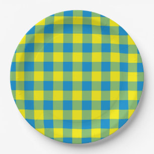 Assiettes En Carton Motif à carreaux et à losanges bleu jaune vert