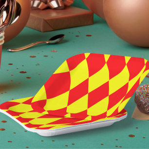 Assiettes En Carton Motif à carreaux Harlequin rouge jaune