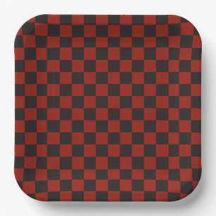 Assiettes En Carton Motif à carreaux noir et rouge profond