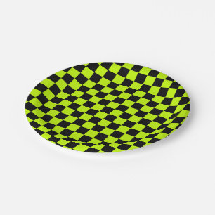 Assiettes En Carton Motif à carreaux vert acide et noir