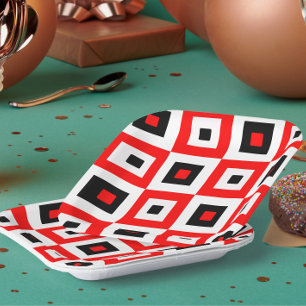 Assiettes En Carton Motif à carrés à carreaux rouges noirs et blancs