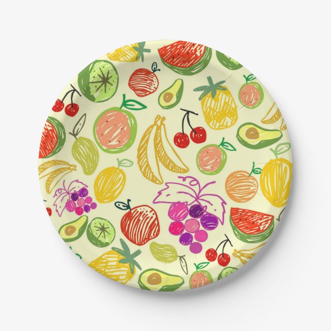 Assiettes En Carton Motif à doodle de fruits assoré (Devant)