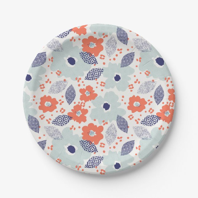 Assiettes En Carton Motif à fleurs moderne orange et bleu (Devant)
