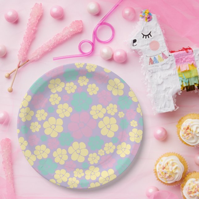 Assiettes En Carton Motif à fleurs - rose, jaune, violet et vert (Fête)