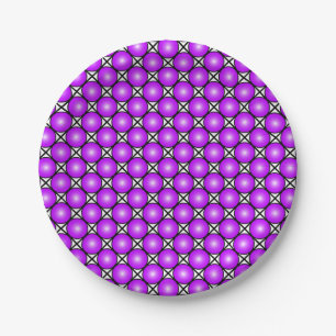 Assiettes En Carton Motif à pois rose magenta sur fond quadrillé noir
