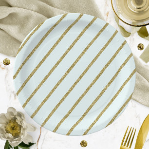 Assiettes En Carton Motif à rayures pailletées or sarcelle clair