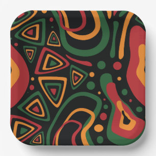 Assiettes En Carton Motif Abstrait de Formes Tribales en Rouge, Or, Ve