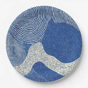 Assiettes En Carton Motif Abstrait de Vague en Bois Bleu Blanc