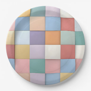Assiettes En Carton Motif Abstrait en carreaux Pastel