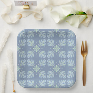 Assiettes En Carton Motif Abstrait Floral Bleu