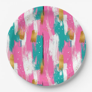 Assiettes En Carton Motif Abstrait Pinceau Rose Menthe Or