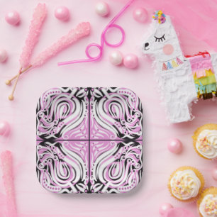 Assiettes En Carton Motif Abstrait rose noir blanc