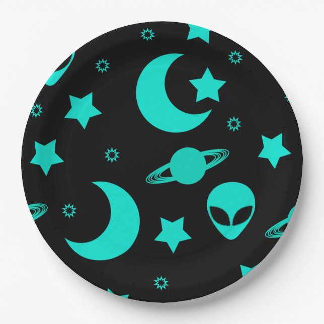 Assiettes En Carton Motif Alien turquoise avec étoiles et lunes (Devant)