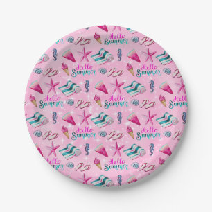 Assiettes En Carton Motif aquarelle de plage estivale rose féminin
