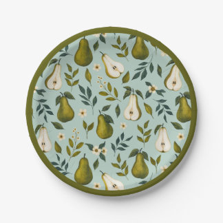 Assiettes En Carton Motif aquarelle de poire verte sur bleu poussiéreu