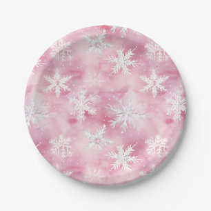 Assiettes En Carton Motif aquarelle flocon de neige blanc rose Féminin