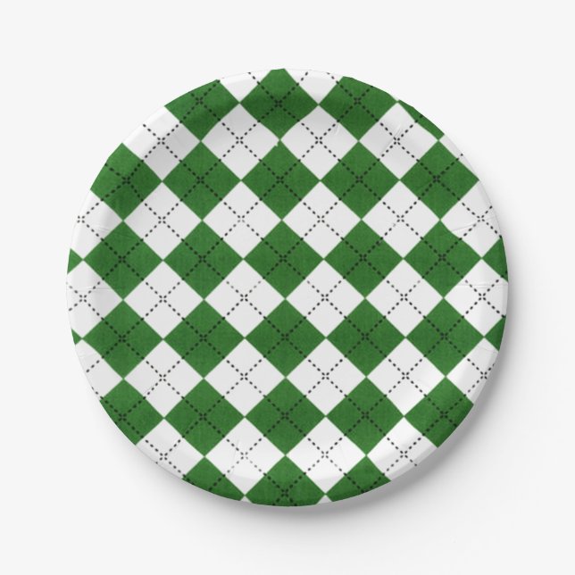Assiettes En Carton Motif Argyle Classique Vert et Blanc (Devant)