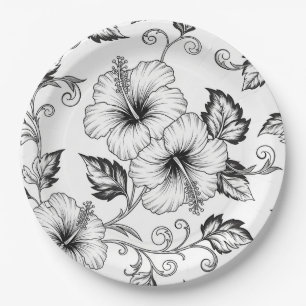Assiettes En Carton Motif artistique de ligne florale noire et blanche