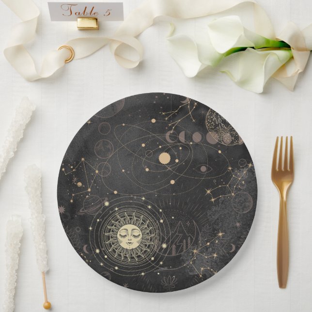 Assiettes En Carton Motif Astrologique Black Gold (Mariage)
