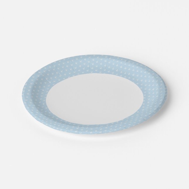 Assiettes En Carton Motif avec ancrages blancs sur bleu (Angle)