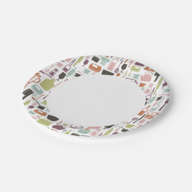 Assiettes En Carton Motif avec icônes de cuisine colorées (Angle)