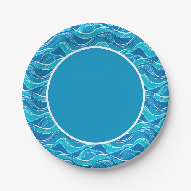 Assiettes En Carton Motif avec vagues bleues avec motif tribal blanc (Devant)