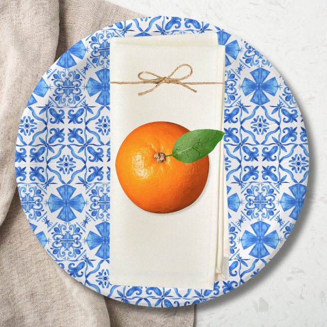 Assiettes En Carton Motif Azulejo Bleu & Blanc Carreaux méditerranéens (Blue and White Tiles Pattern Paper Plate | Little Cutie is on the Way | That's Amore | Citrus)