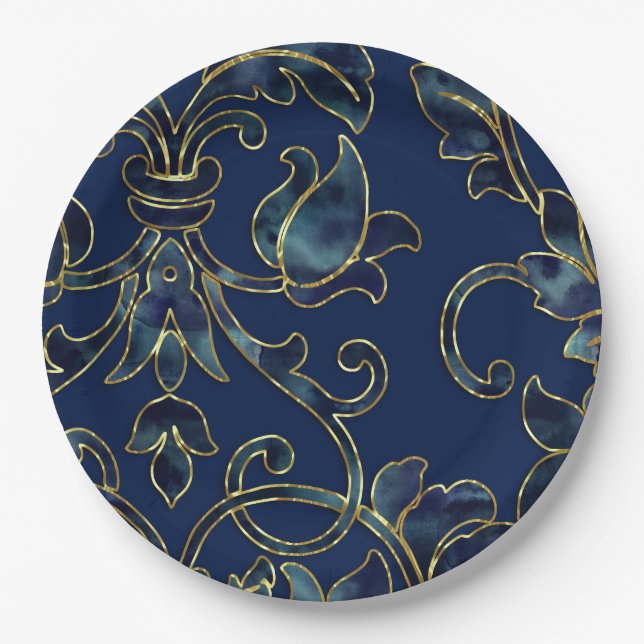 Assiettes En Carton Motif bleu marine Damask sur votre choix de couleu (Devant)