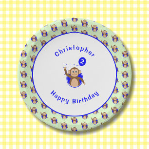 Assiettes En Carton motif bleu vert singe de 2e anniversaire