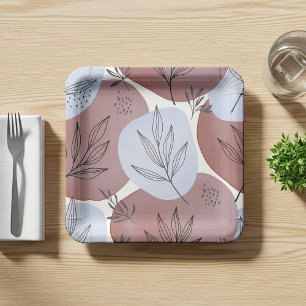 Assiettes En Carton Motif botanique abstrait rose poussiéreux et vert