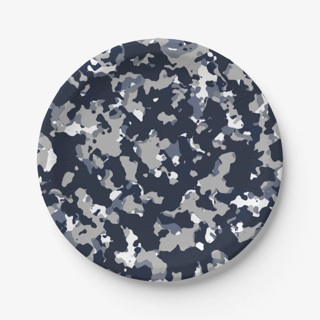 Assiettes En Carton Motif camouflage bleu gris blanc Fête (Devant)
