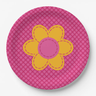 Assiettes En Carton Motif carreau rose, fleur jaune