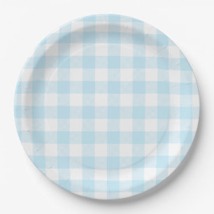 Assiettes En Carton Motif carreaux gingham bleu ciel pastel
