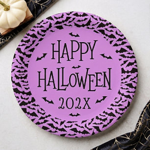 Assiettes En Carton Motif chauve-souris violet noir Bonne Halloween an