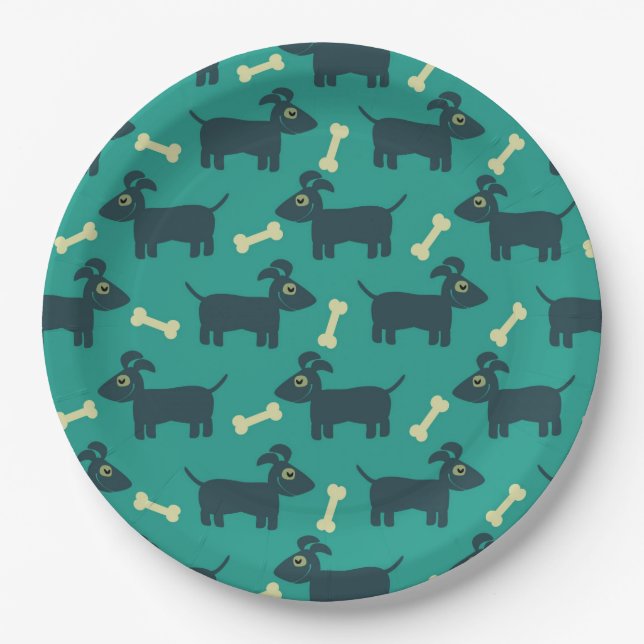 Assiettes En Carton Motif chien mignon avec os sur Arrière - plan vert (Devant)